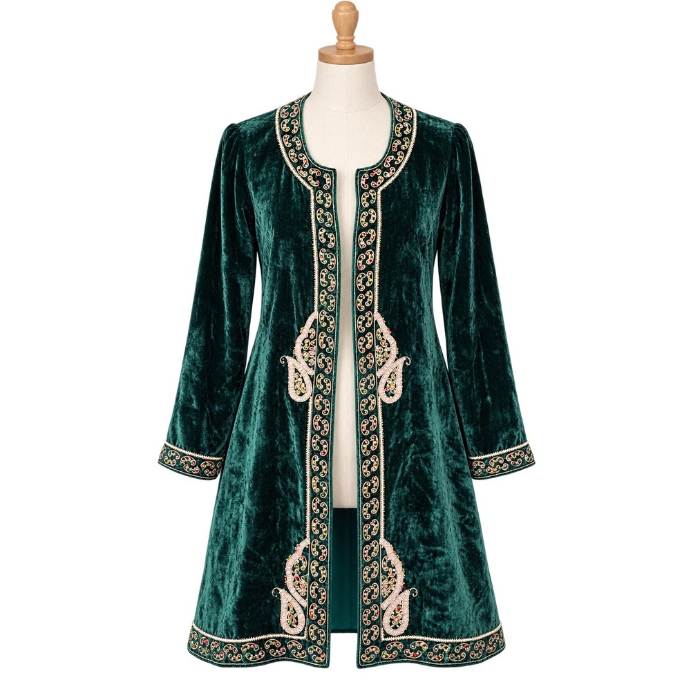 Soft Surroundings Antoinette Velvet Beaded Duster Women's 1X Green Embroidered